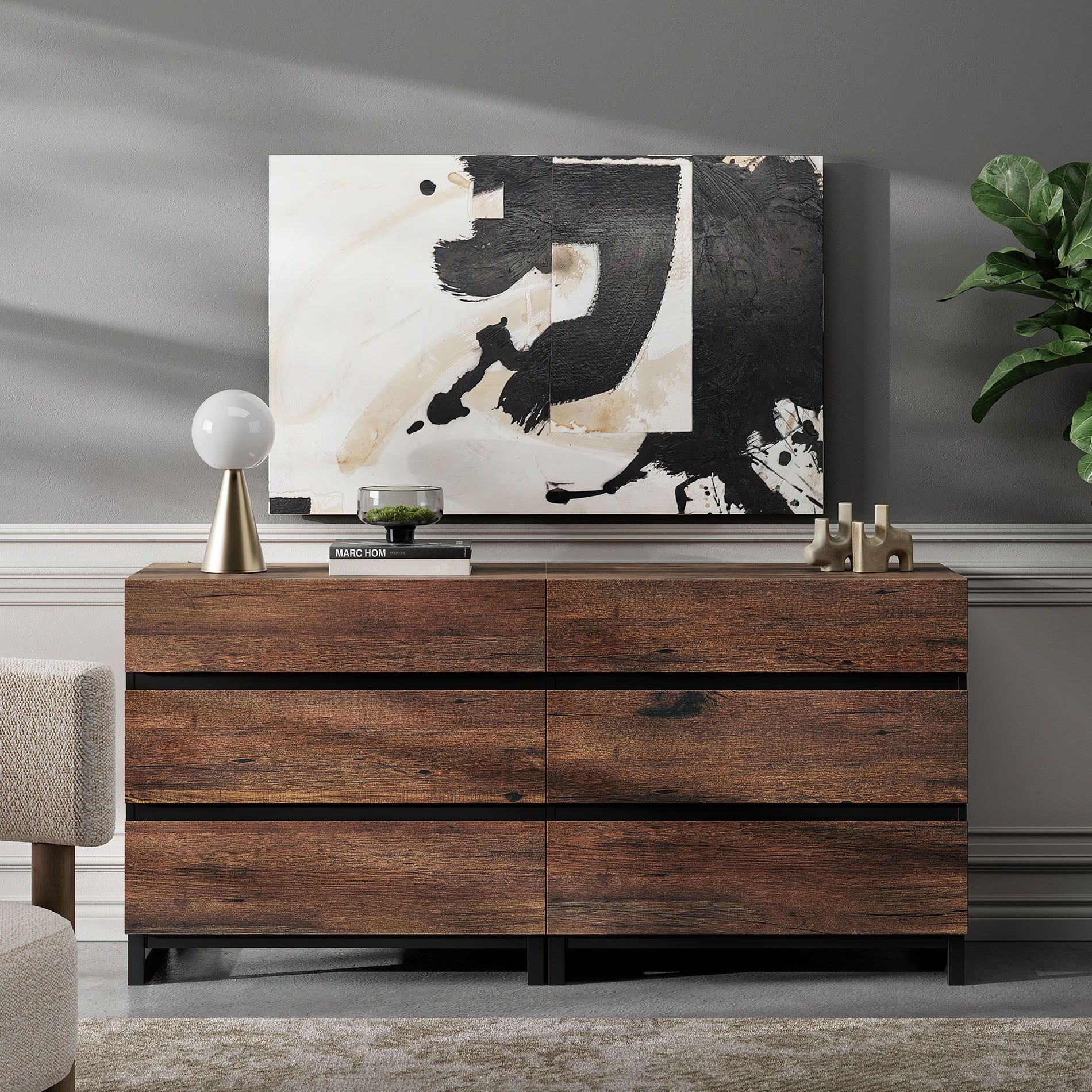 Modern Brown Wood 6-Drawer Dresser with Metal Base