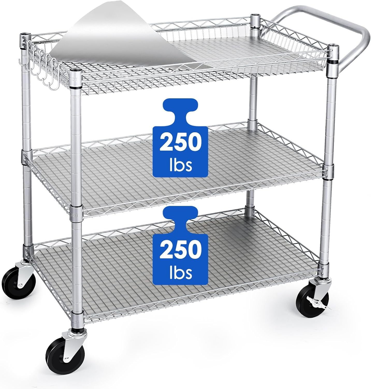 Heavy Duty Chrome 3-Tier Rolling Utility Cart with Alloy Steel Frame