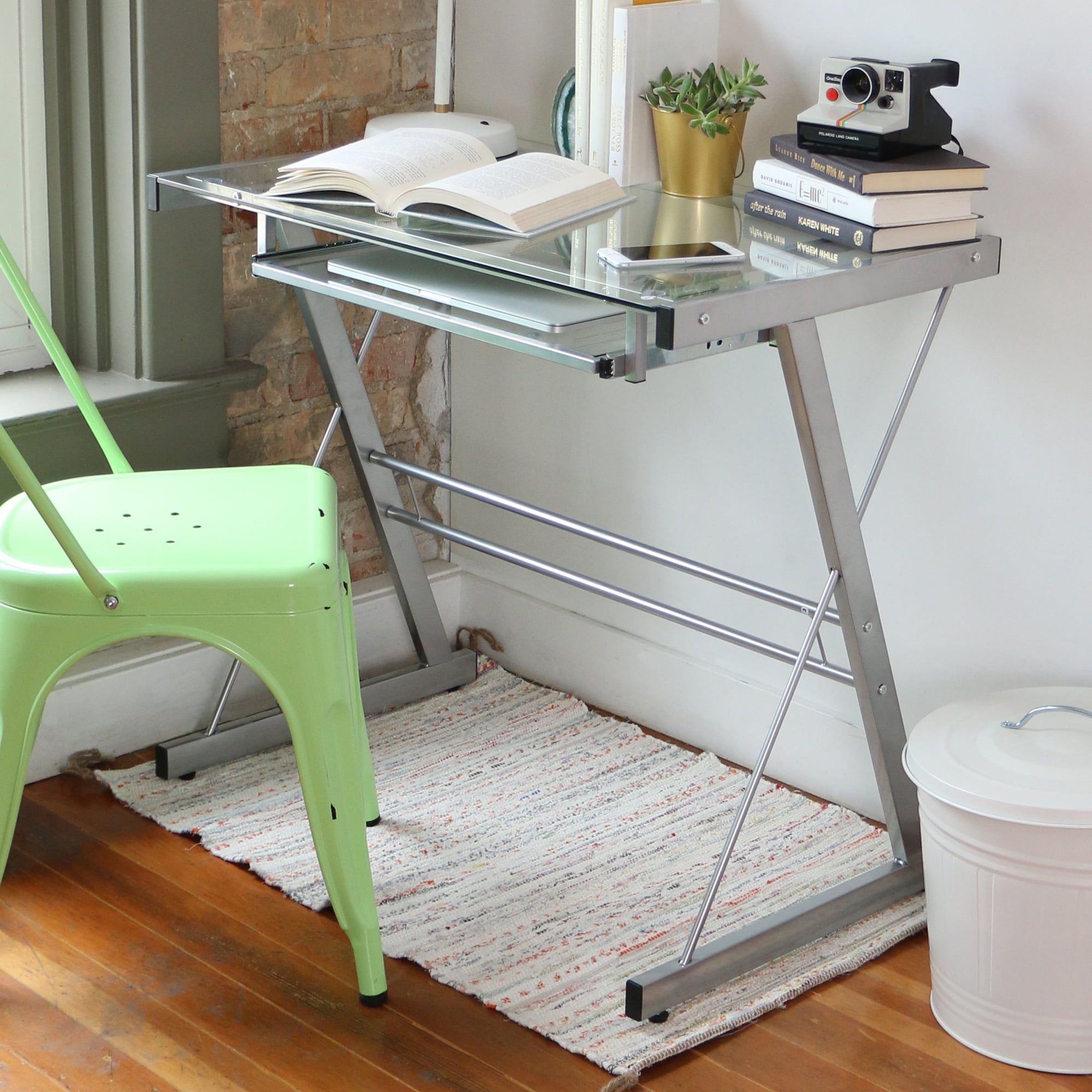 Silver Glass and Metal Computer Desk with Keyboard Tray