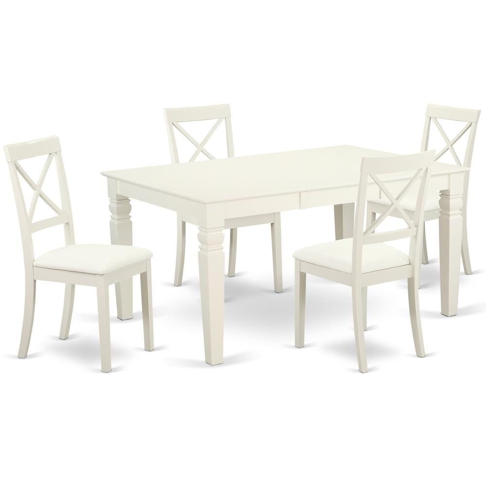 Linen White Solid Wood Dining Set with Faux Leather Seats, 42" Square Table and 4 Chairs