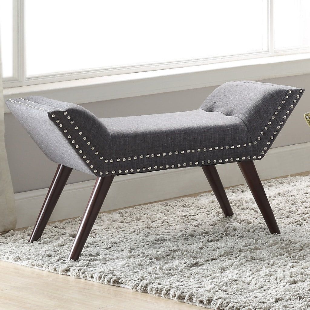 Gray Linen Upholstered Bench with Nailhead Trim and Wood Legs