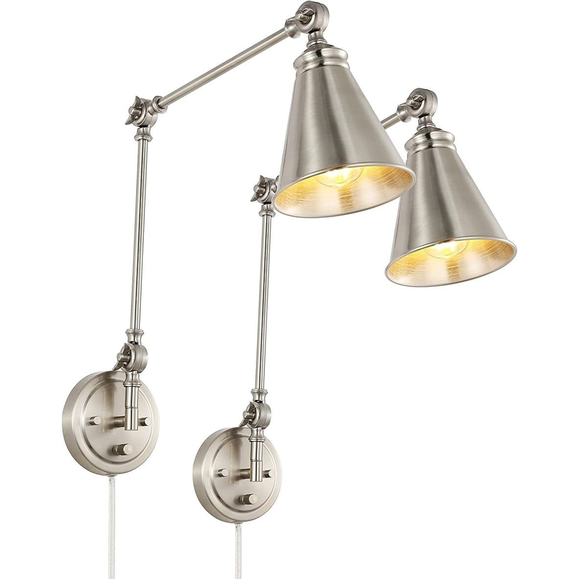 Nickel Adjustable Swing Arm Wall Lamp Set with Metal Shade