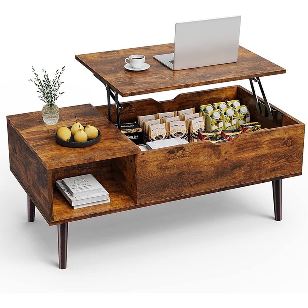 Rustic Brown Lift-Top Coffee Table with Storage Shelves and Hidden Compartments