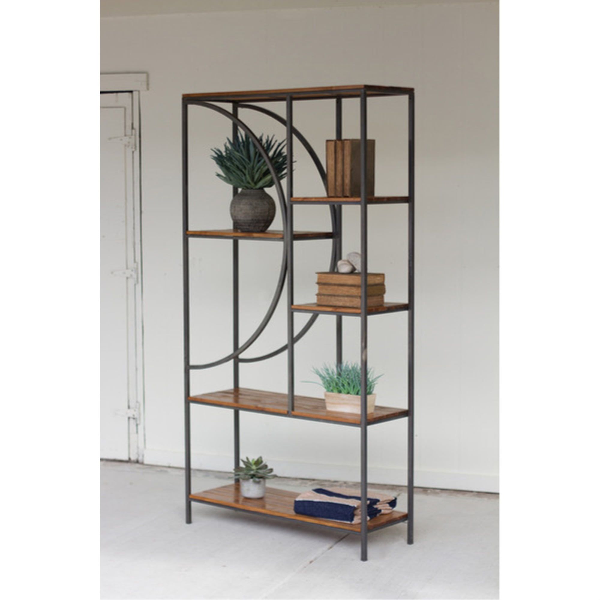 Rustic Modern Demilune Wood and Metal 76" Shelving Unit