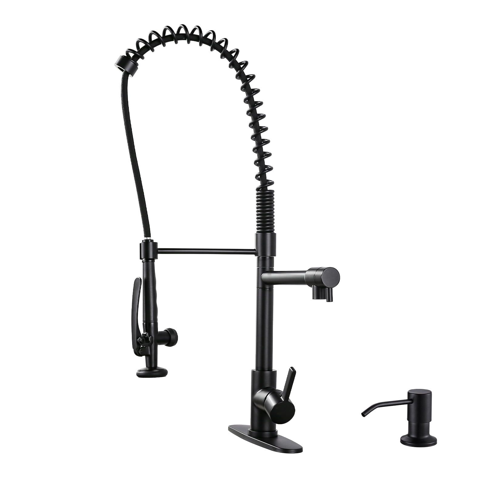 Matte Black Commercial Single-Handle Pull Down Kitchen Faucet with Soap Dispenser