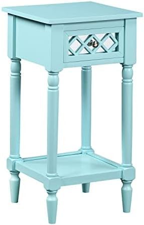 Aqua Blue Pine Wood Deluxe Accent Table with Mirrored Drawer