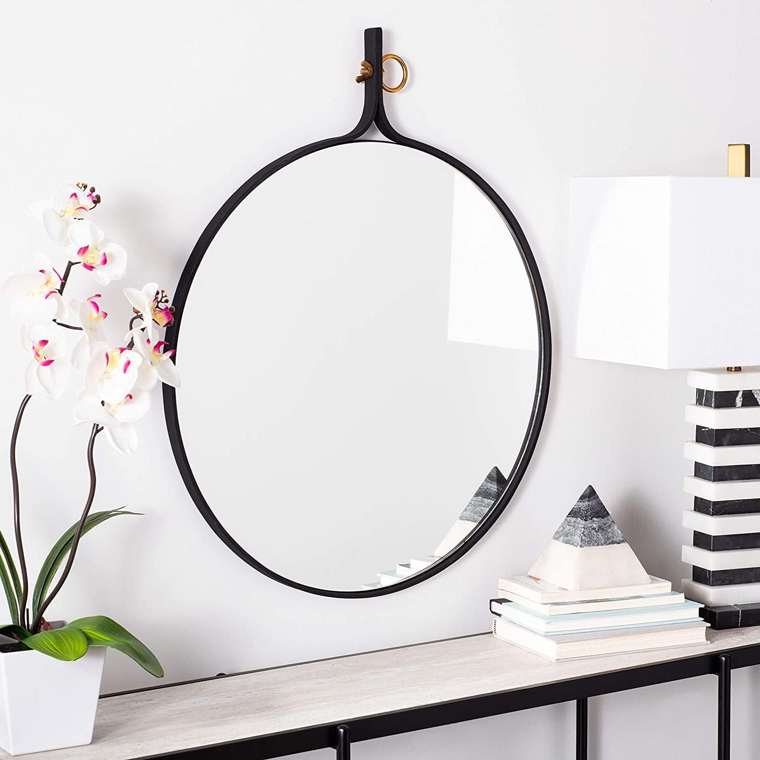 Chandlen 30-Inch Black Matte Round Wood Accent Mirror