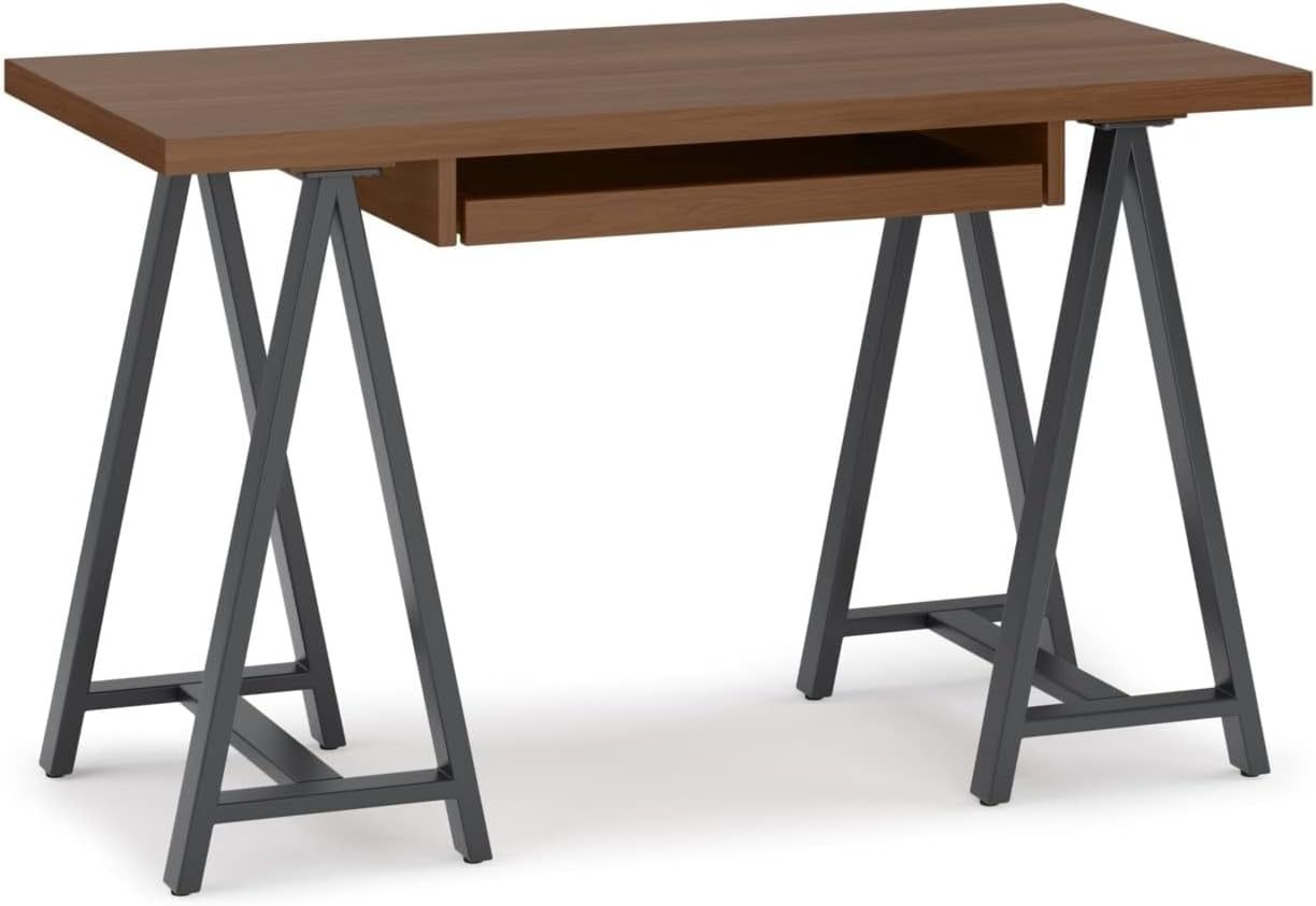 Sawhorse Industrial 50" Solid Wood and Metal Desk with Keyboard Tray in Distressed Grey