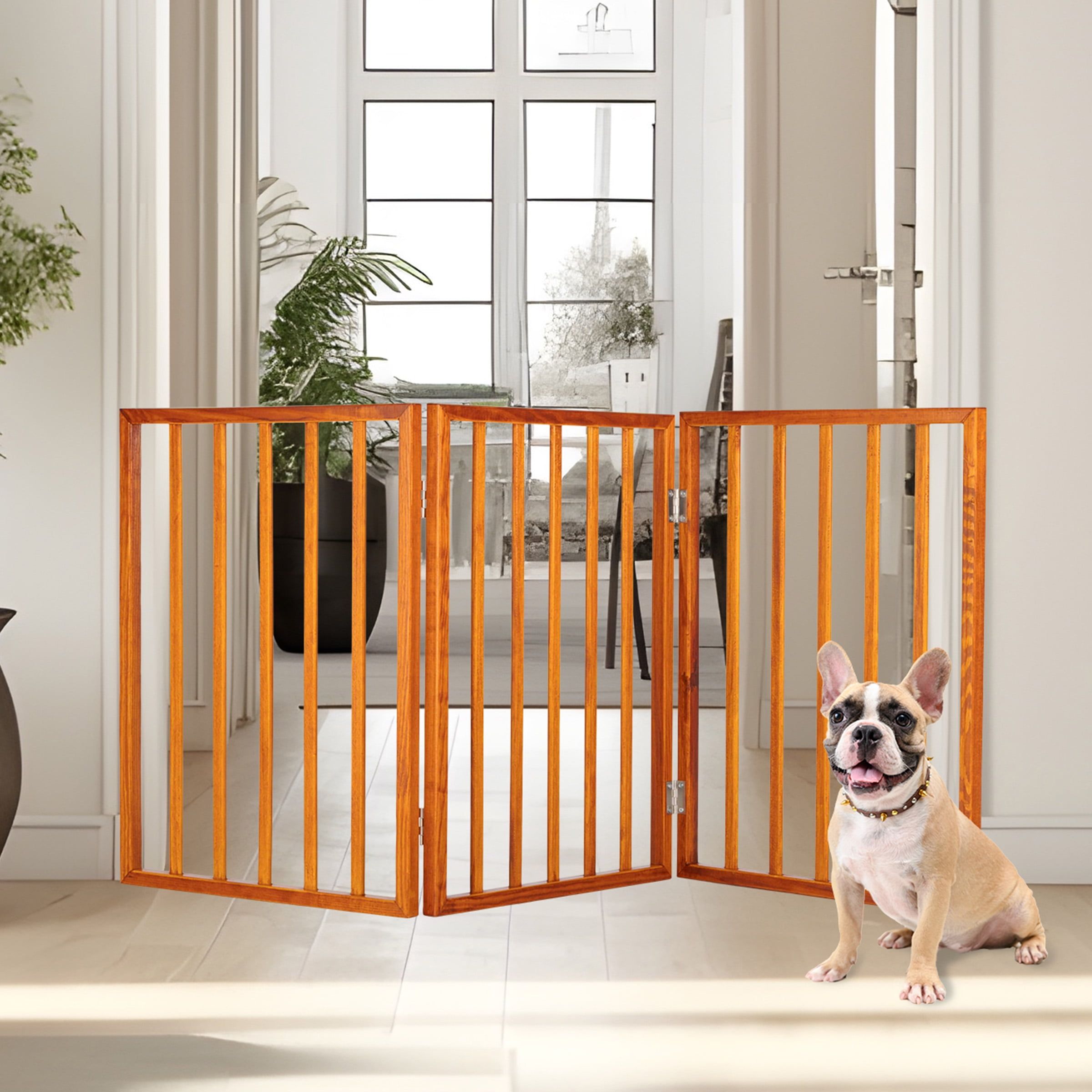 Mahogany Freestanding Foldable Metal and Plastic Pet Gate