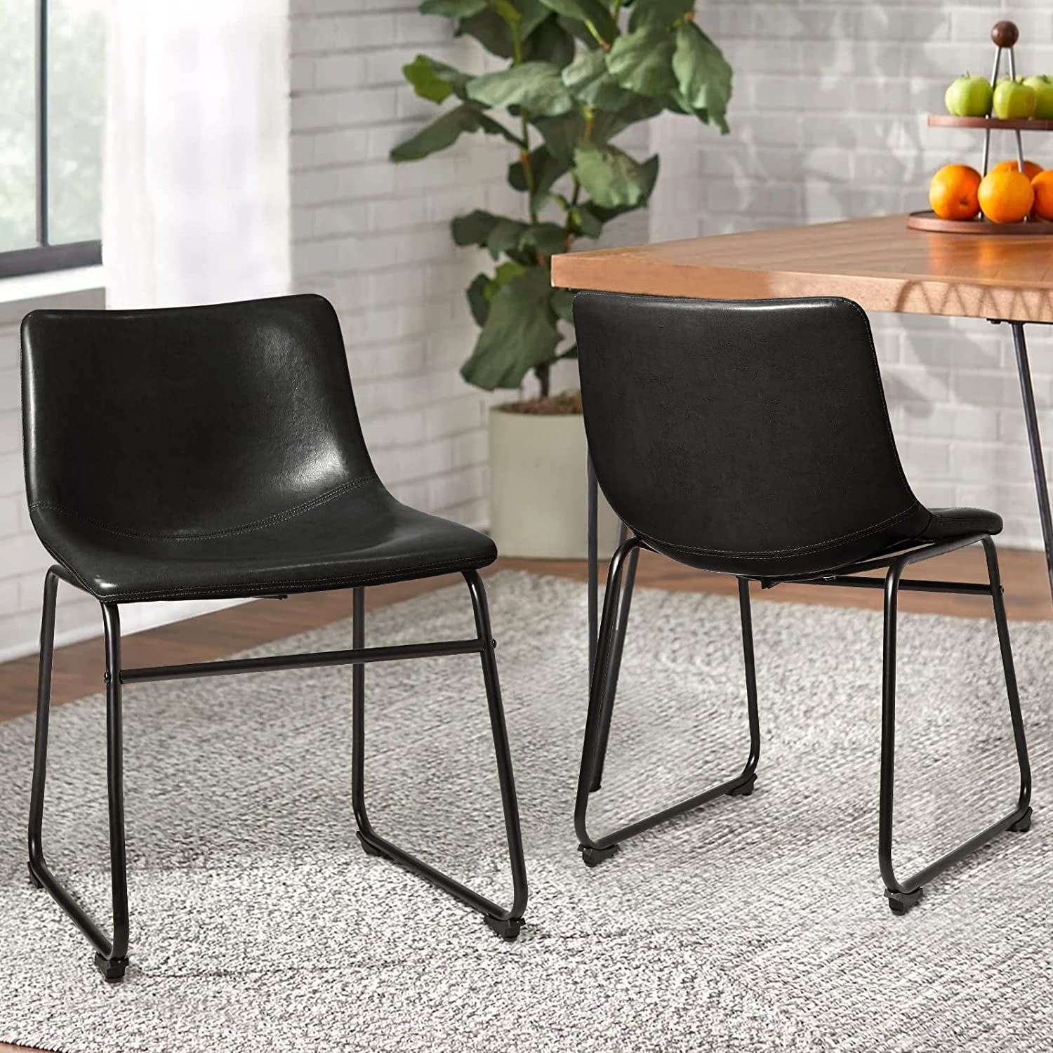 Black Faux Leather Upholstered Dining Chairs with Metal Legs, Set of 2