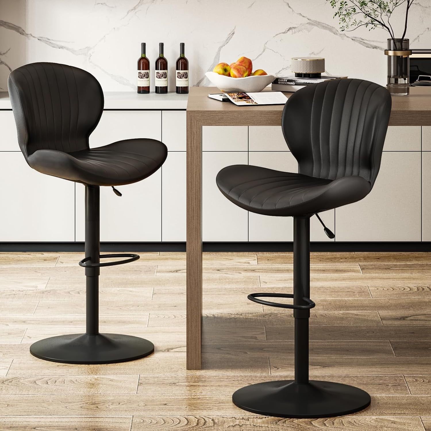 Black Faux Leather Adjustable Swivel Bar Stools Set of 2