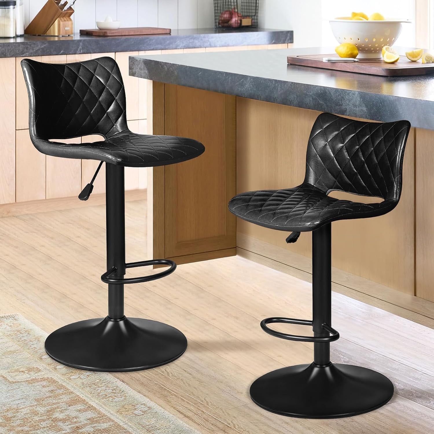 Black Adjustable Swivel Metal and Leather Bar Stools, Set of 2