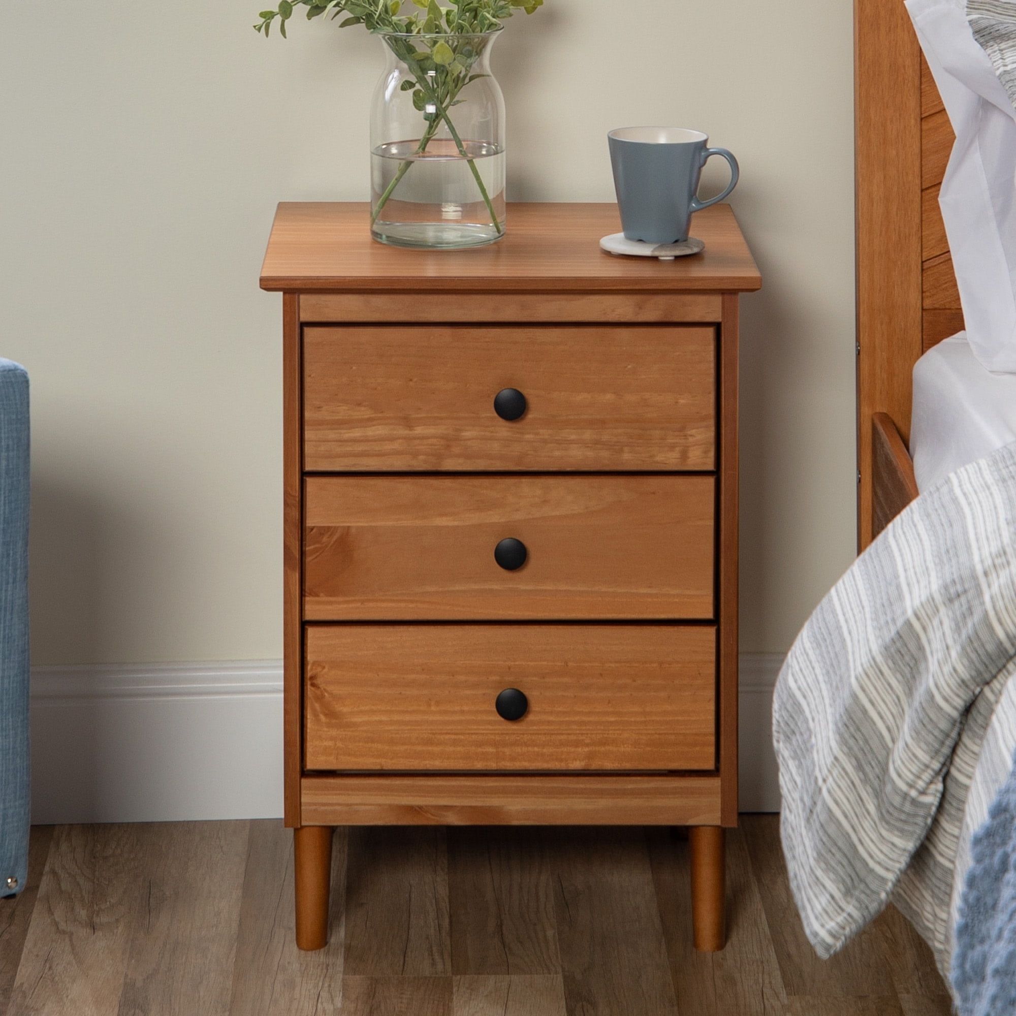 Caramel Brown 3-Drawer Solid Pine Wood Nightstand