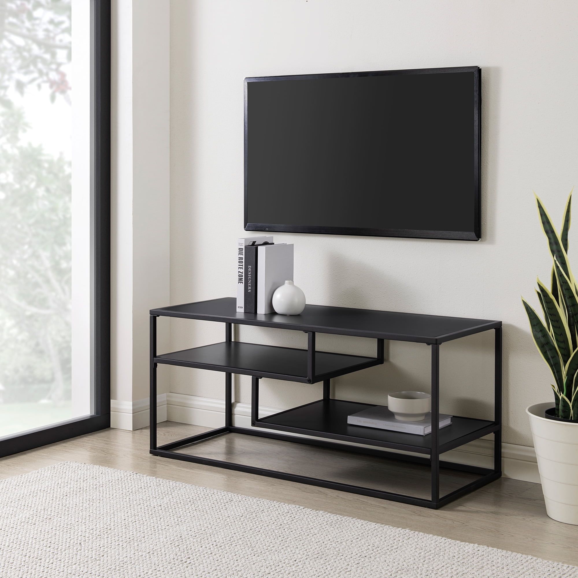 40 in. Modern Solid Black Wood and Metal TV Stand with Open Storage (Max TV Size 43 in.)