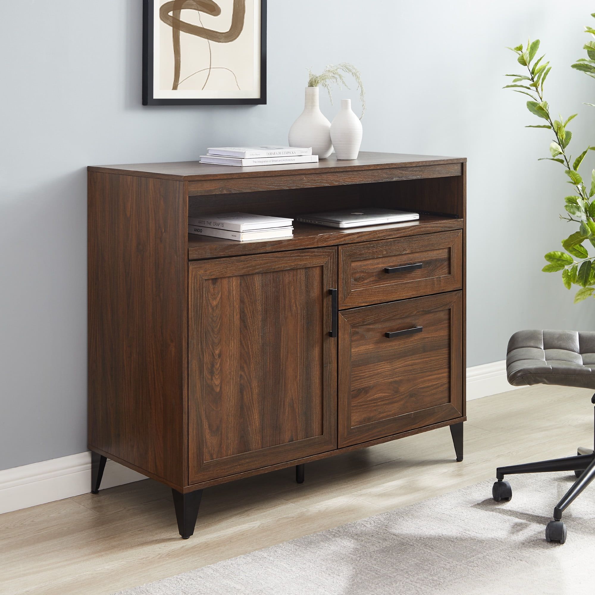 Dark Walnut Wood Secretary Desk with Keyboard Tray and Filing Cabinet