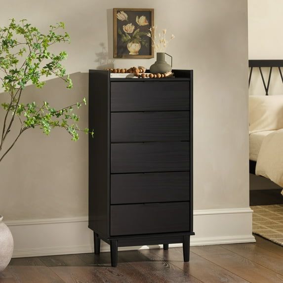 Black Solid Wood Mid-century Modern 5-Drawer Tall Dresser