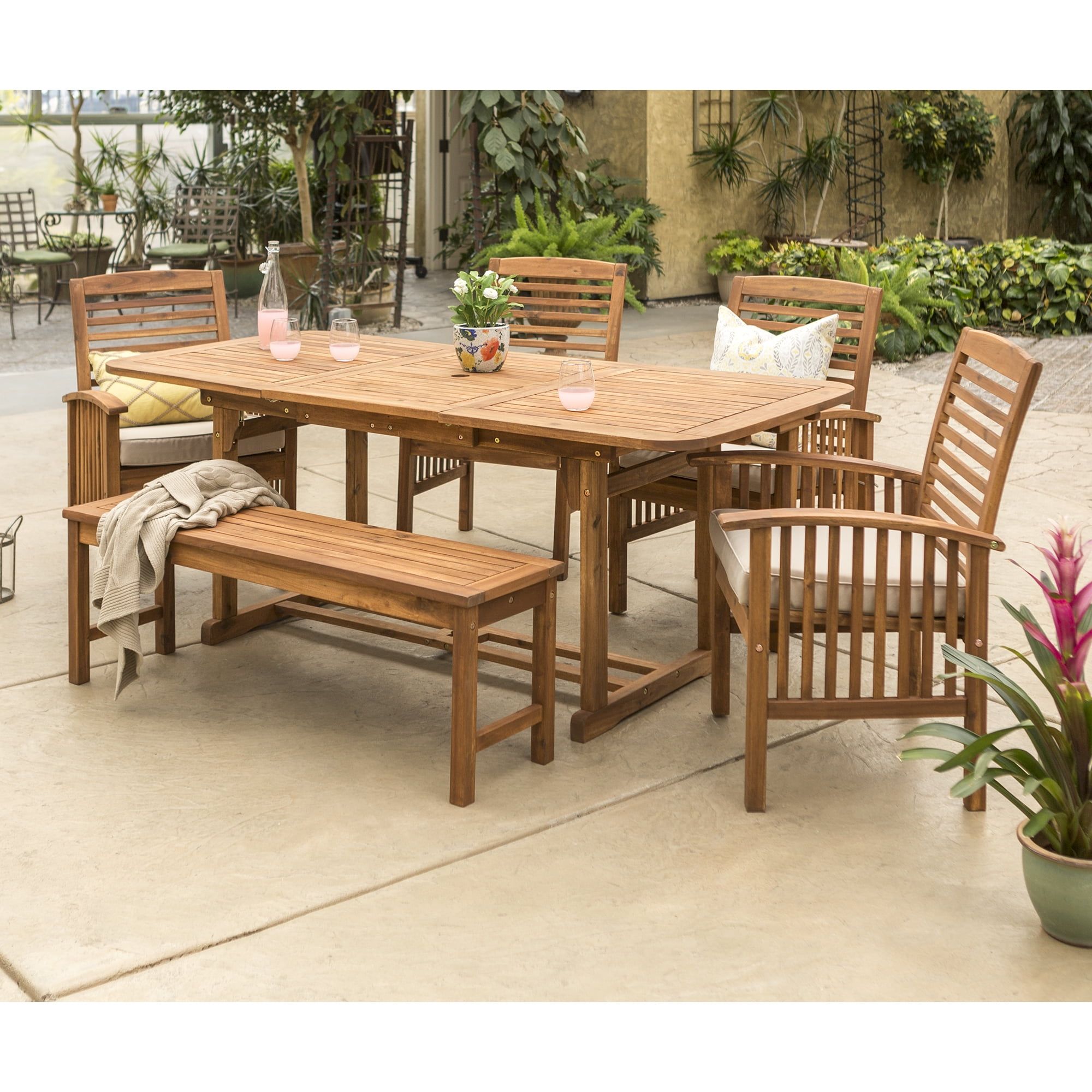 6-Piece Brown Acacia Wood Patio Dining Set with Cushions