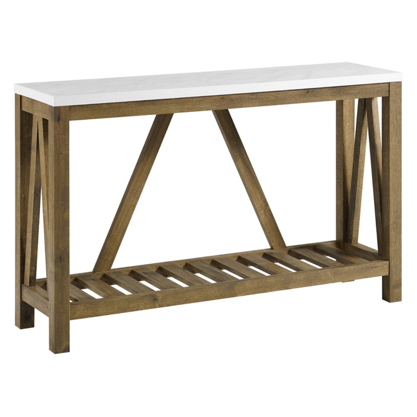 Farmhouse Charm 52" Walnut Wood Console Table with Marble Finish and Storage