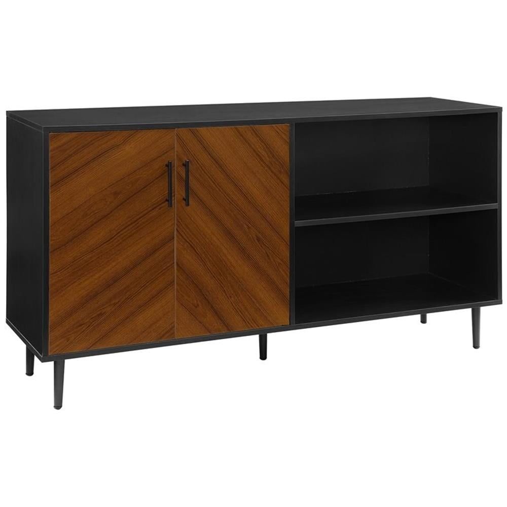 Asymmetrical 58" Bookmatch TV Console with Cabinet in Acorn & Solid Black