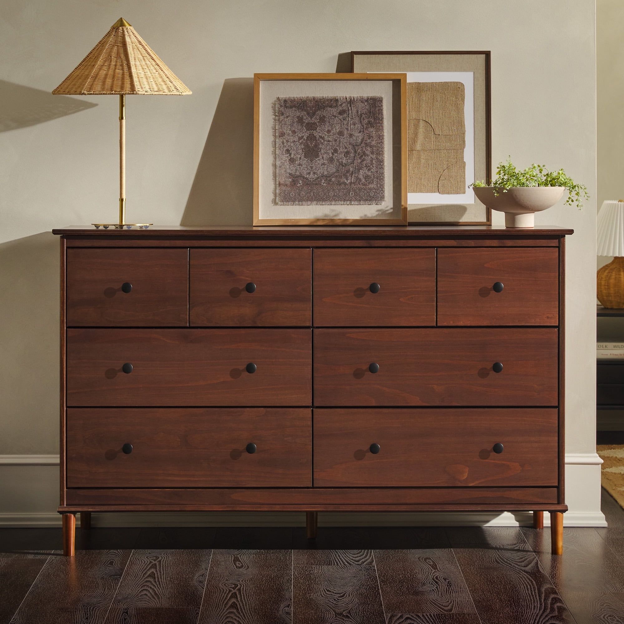 Walnut Mid-Century Modern 6-Drawer Solid Wood Dresser