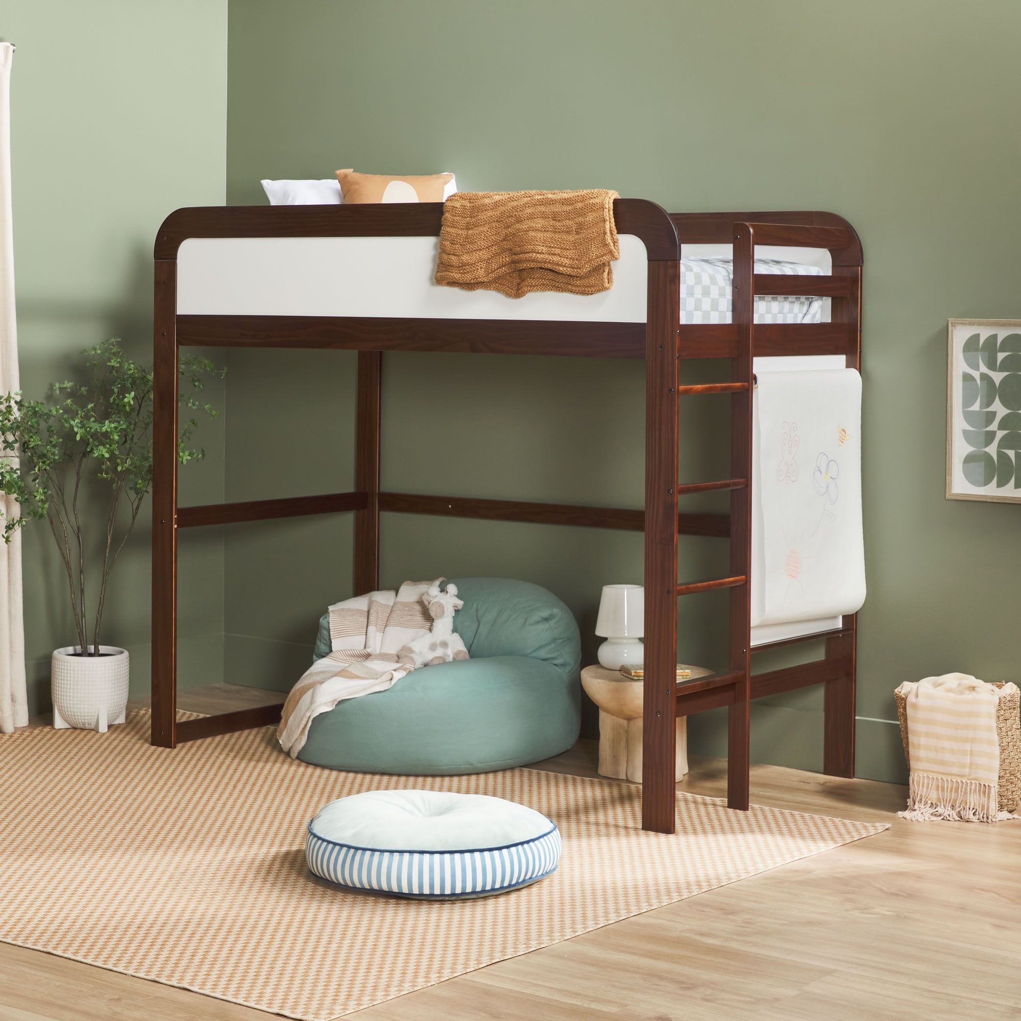 Walnut Twin Loft Bed with Ladder and Pine Wood Frame