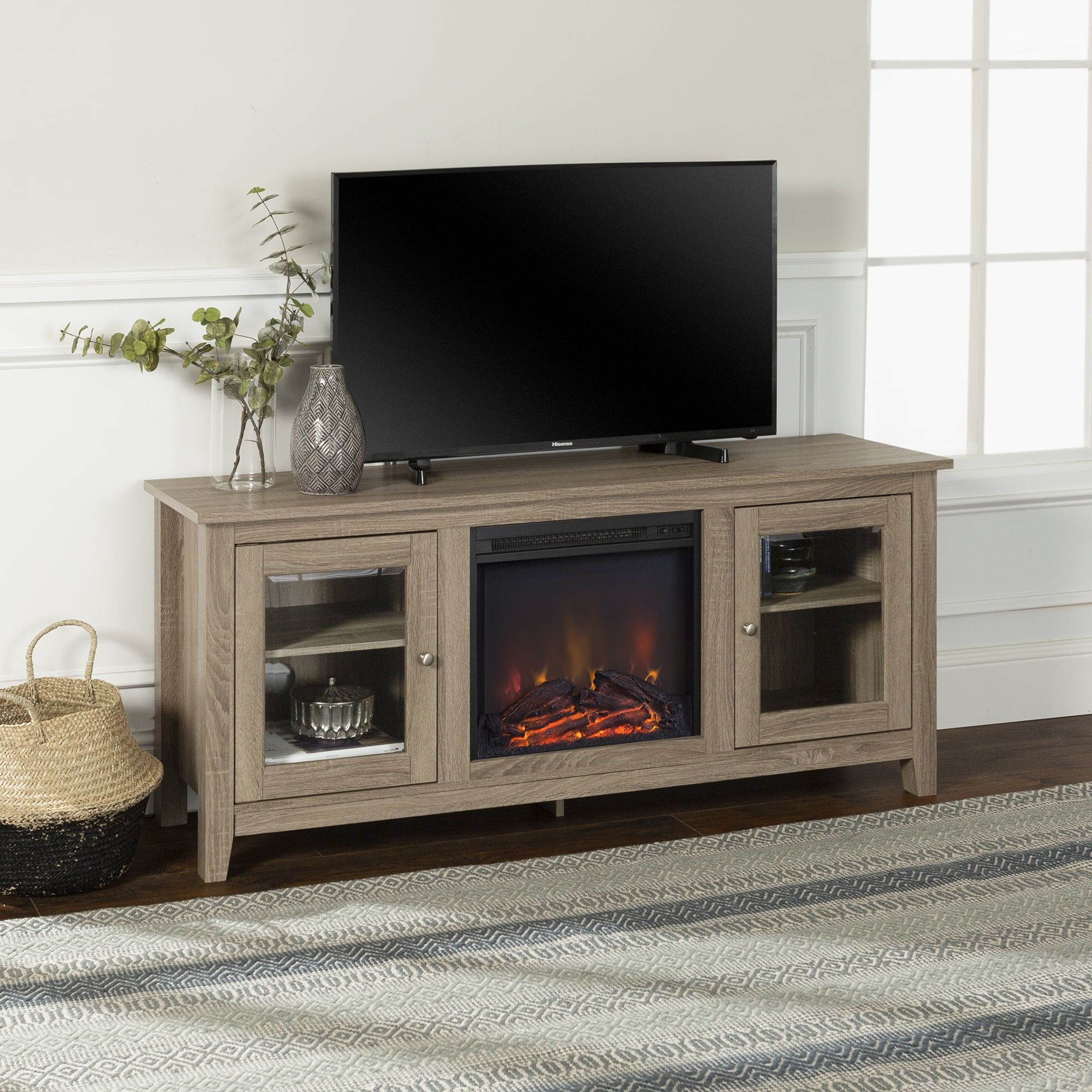 Driftwood 58" TV Stand with Electric Fireplace and Glass Cabinets