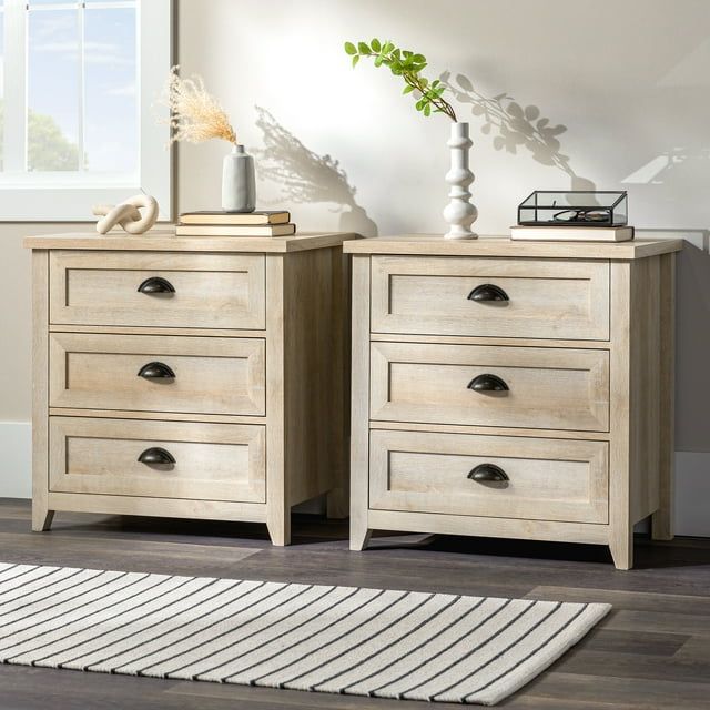 White Oak 3 Drawer Nightstand Set with Cup Handles