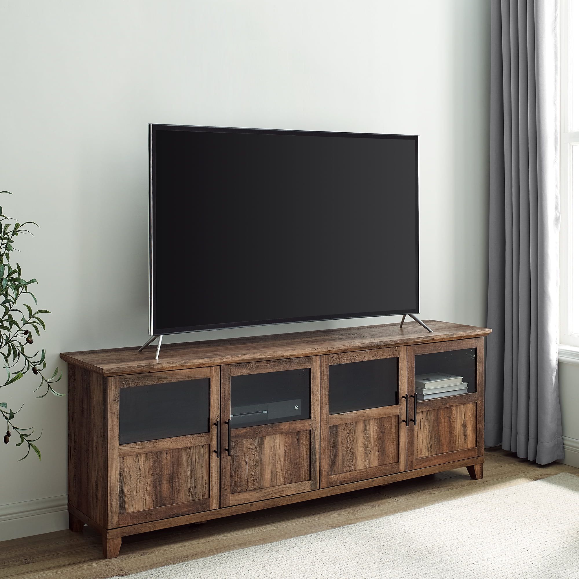 Rustic Oak 70" Reclaimed Barnwood TV Stand with Glass Panel Doors