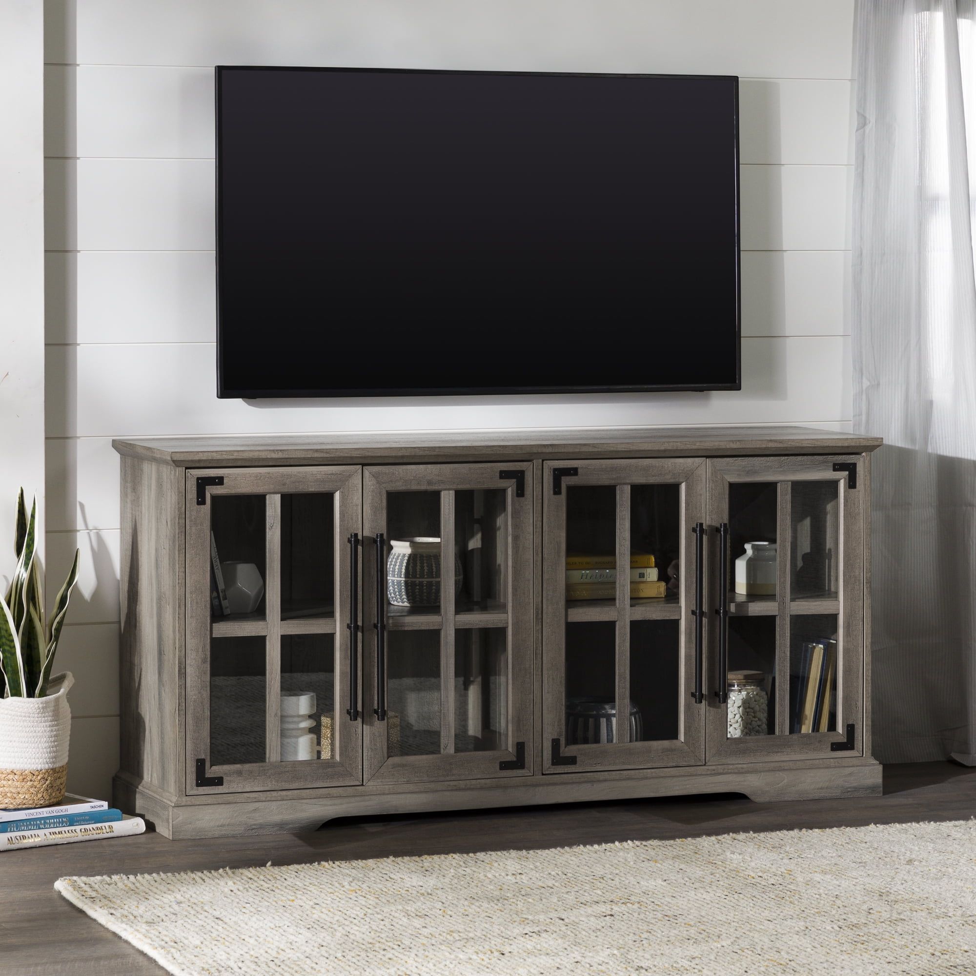 Grey Wash Farmhouse 58" Corner TV Stand with Glass & Wood Doors