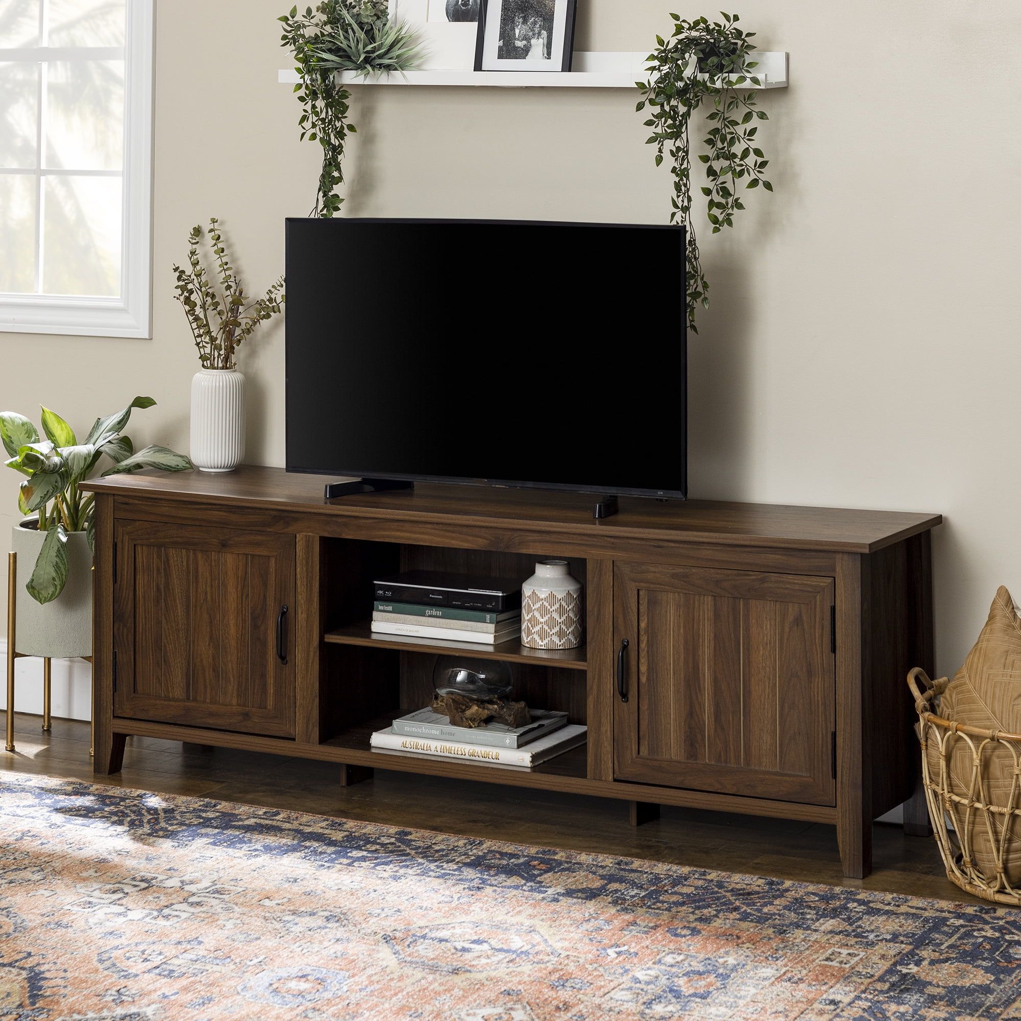 Modern Farmhouse 70" Dark Walnut TV Stand with Cabinet Storage