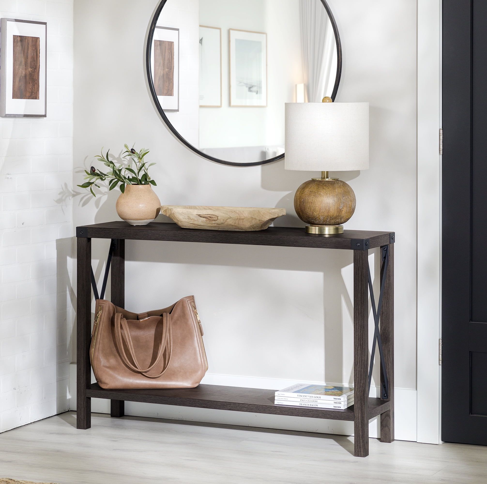 Rustic Sable Farmhouse Entryway Table with Metal X Detail