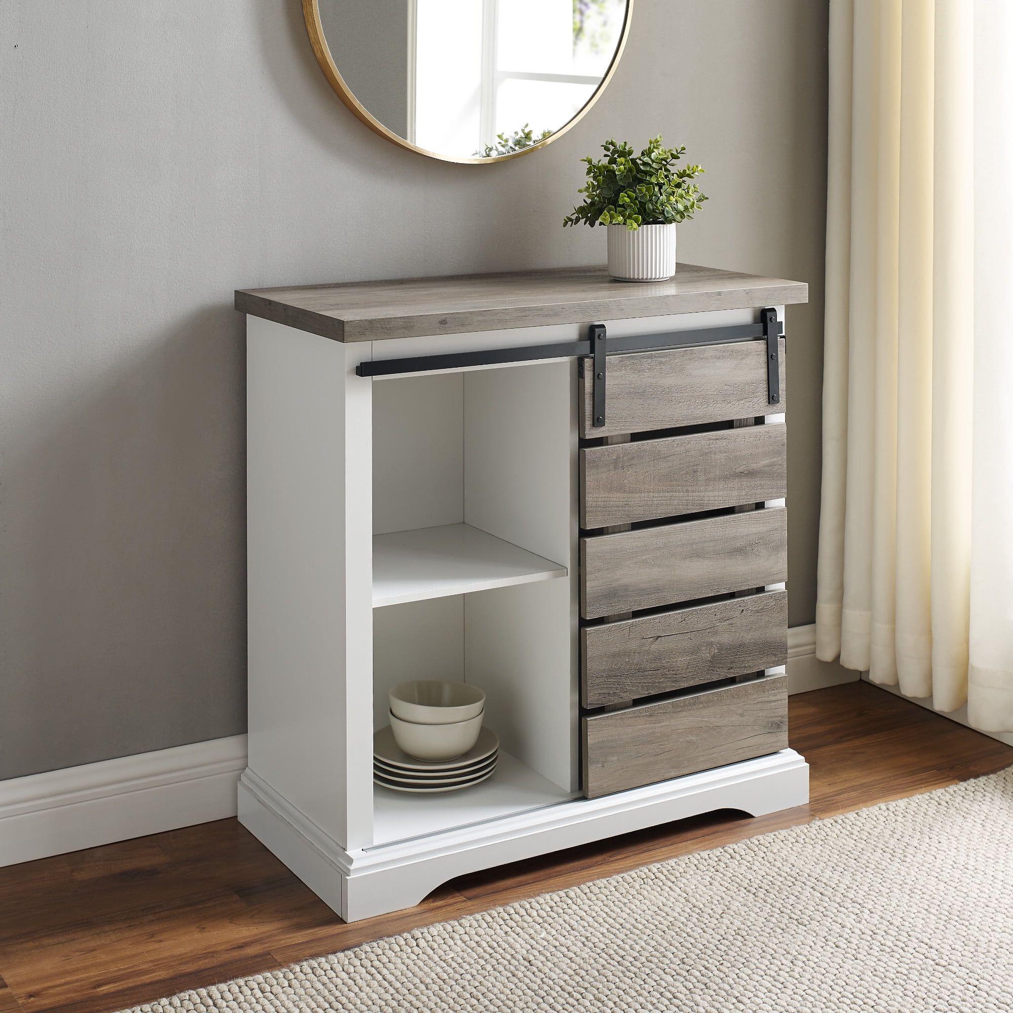 White and Grey Wash Sliding Door Accent Cabinet