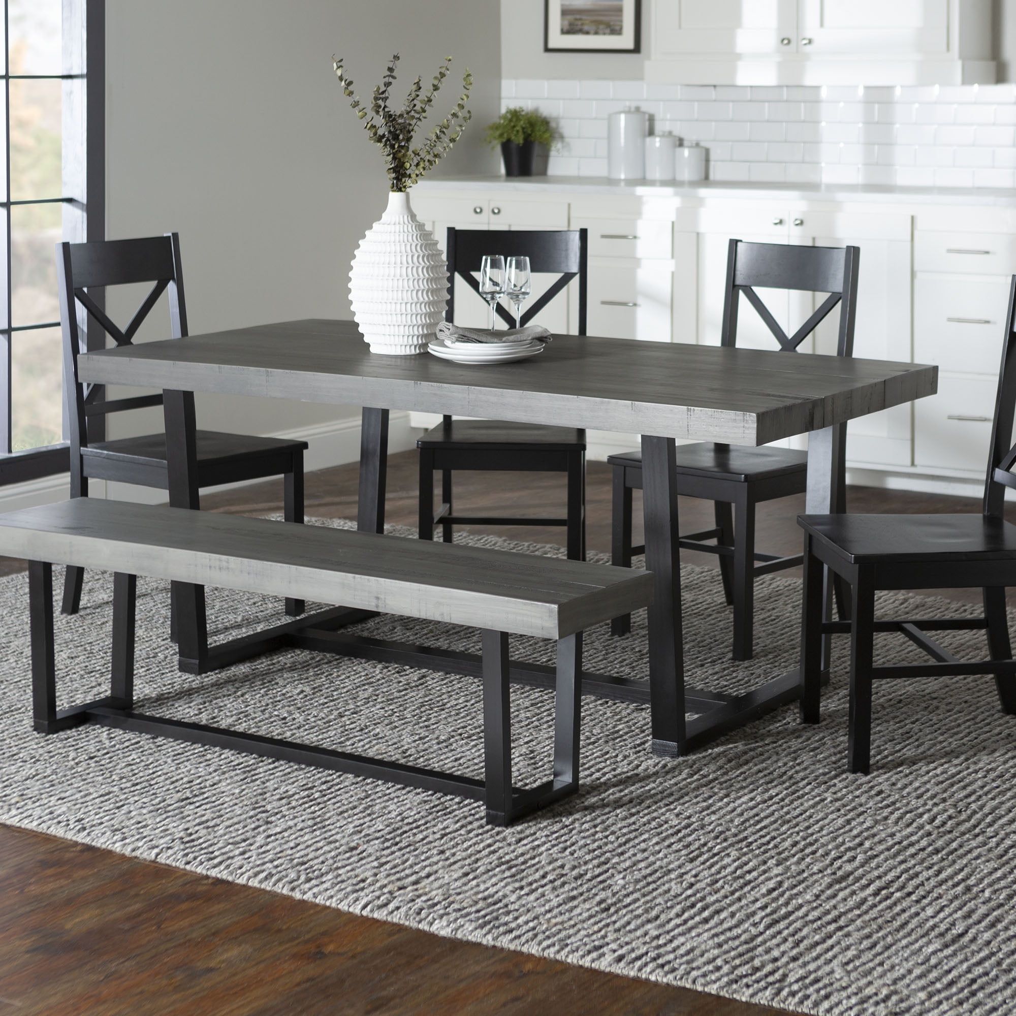 Farmhouse Gray and Black 6-Piece Dining Set with Bench