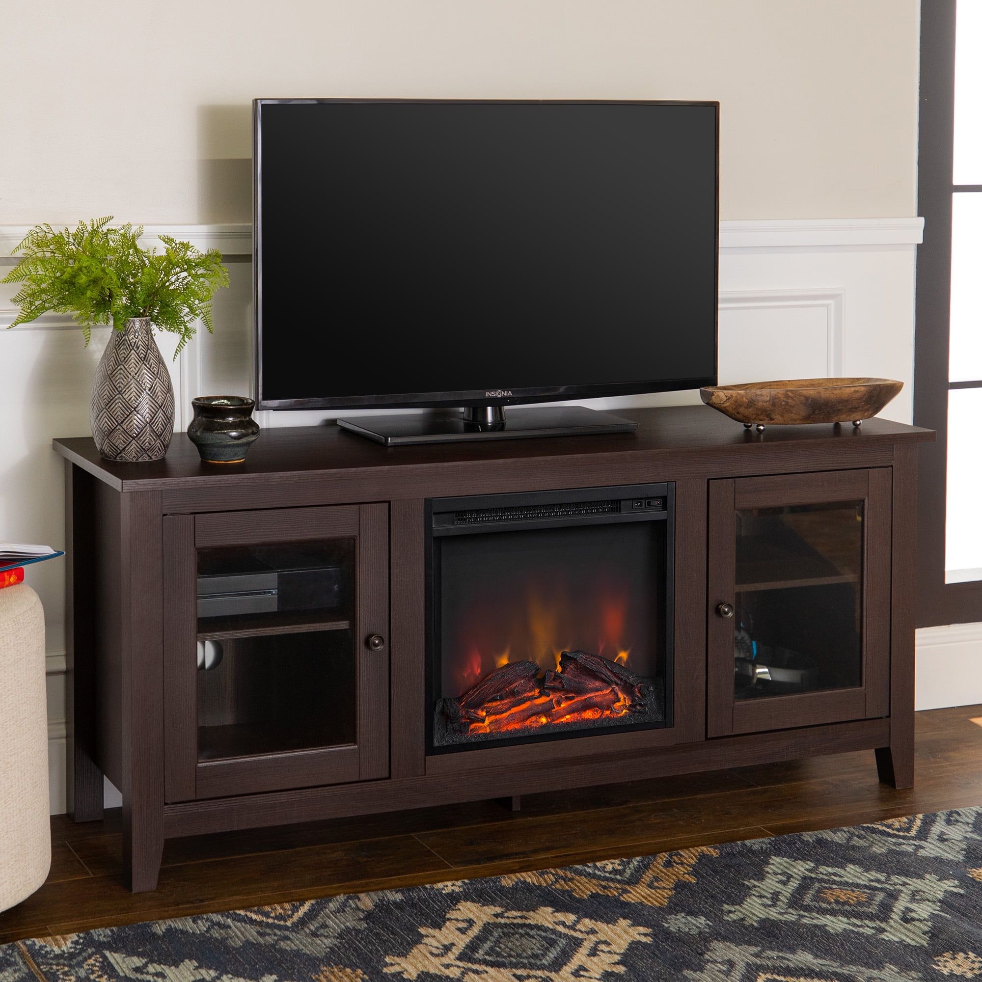 Espresso 58" MDF Fireplace TV Stand with Glass Cabinets