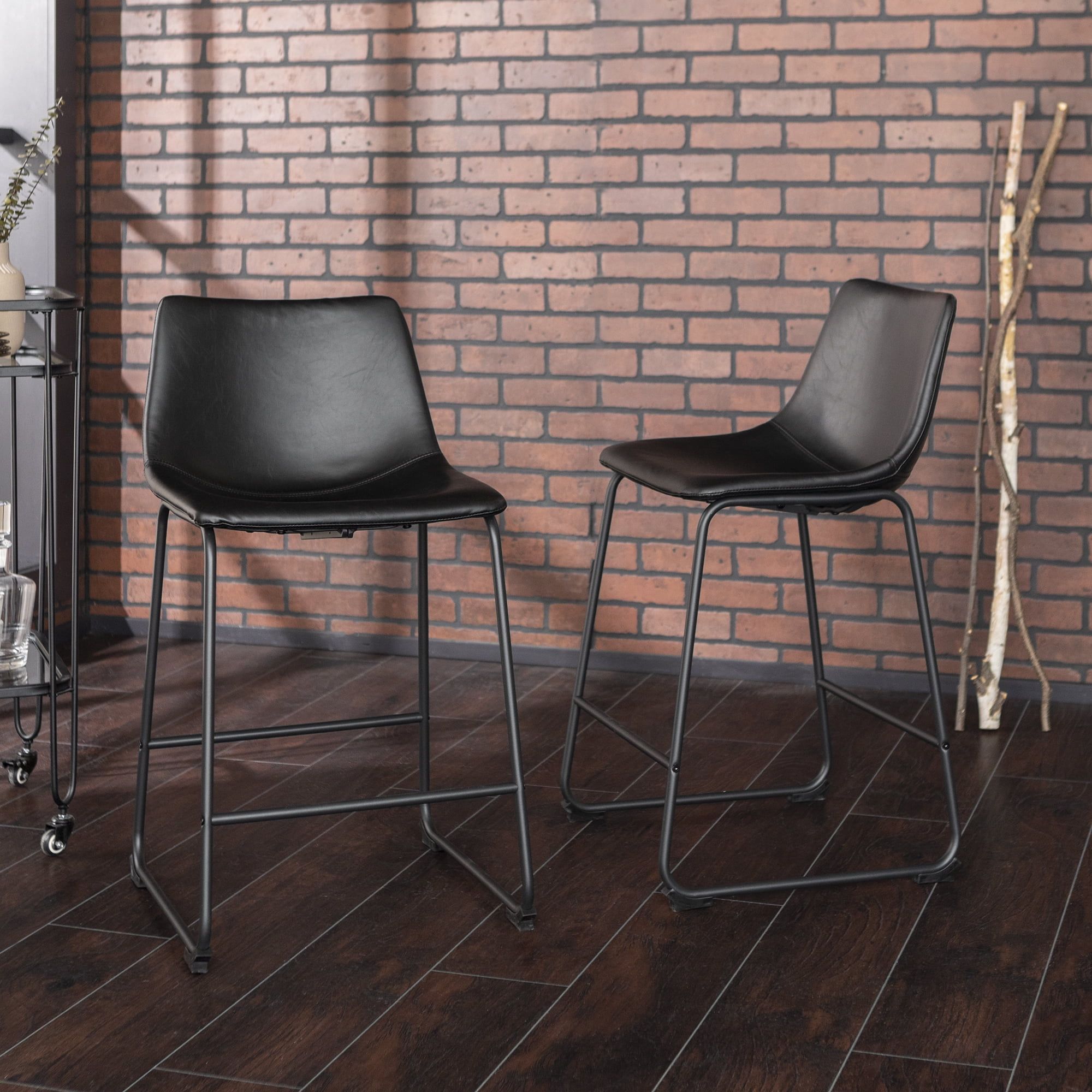 Black Faux Leather and Metal Counter Stools, Set of 2