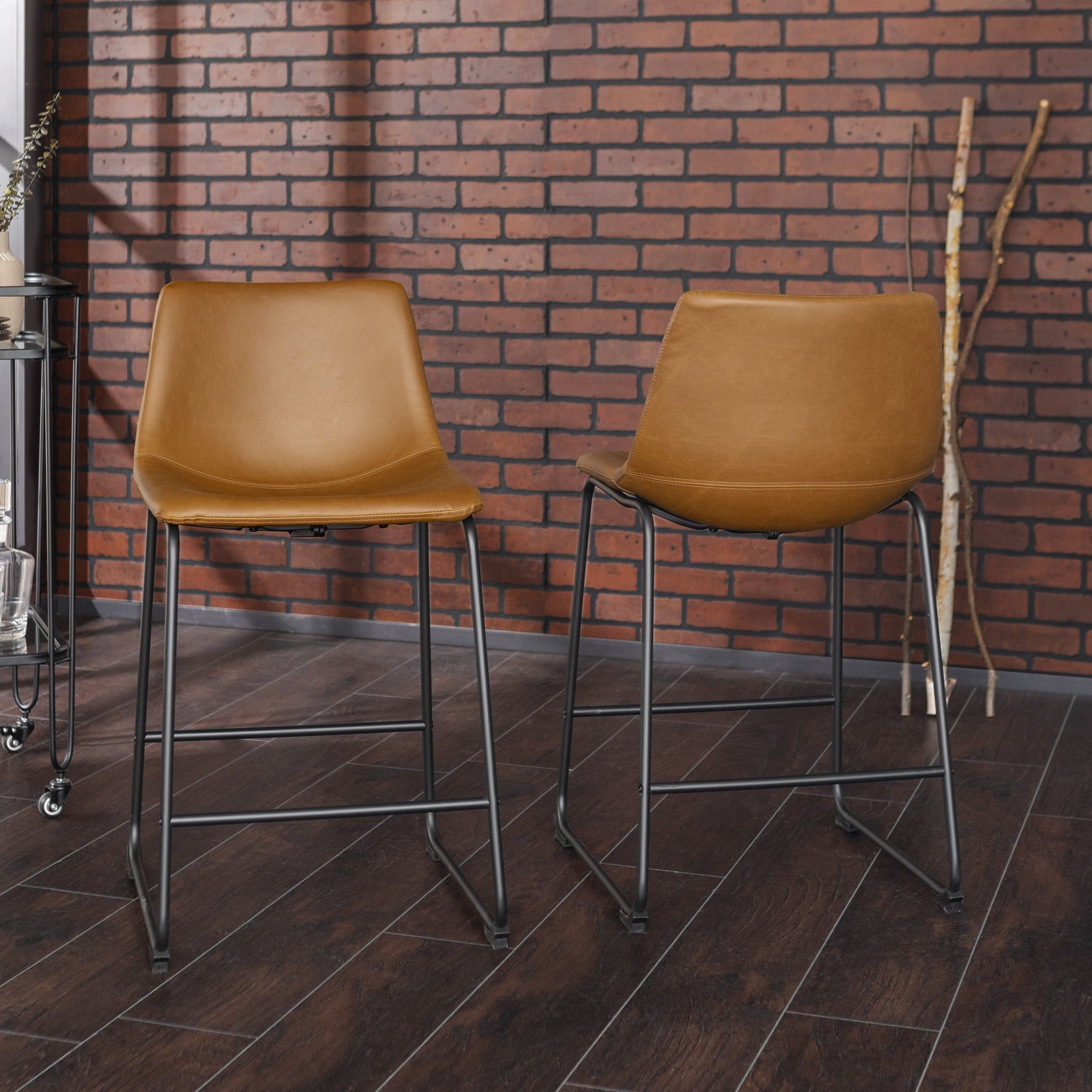 Whiskey Brown Faux Leather Industrial Counter Stools, Set of 2