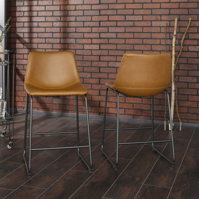 Whiskey Brown Faux Leather Industrial Counter Stools, Set of 2