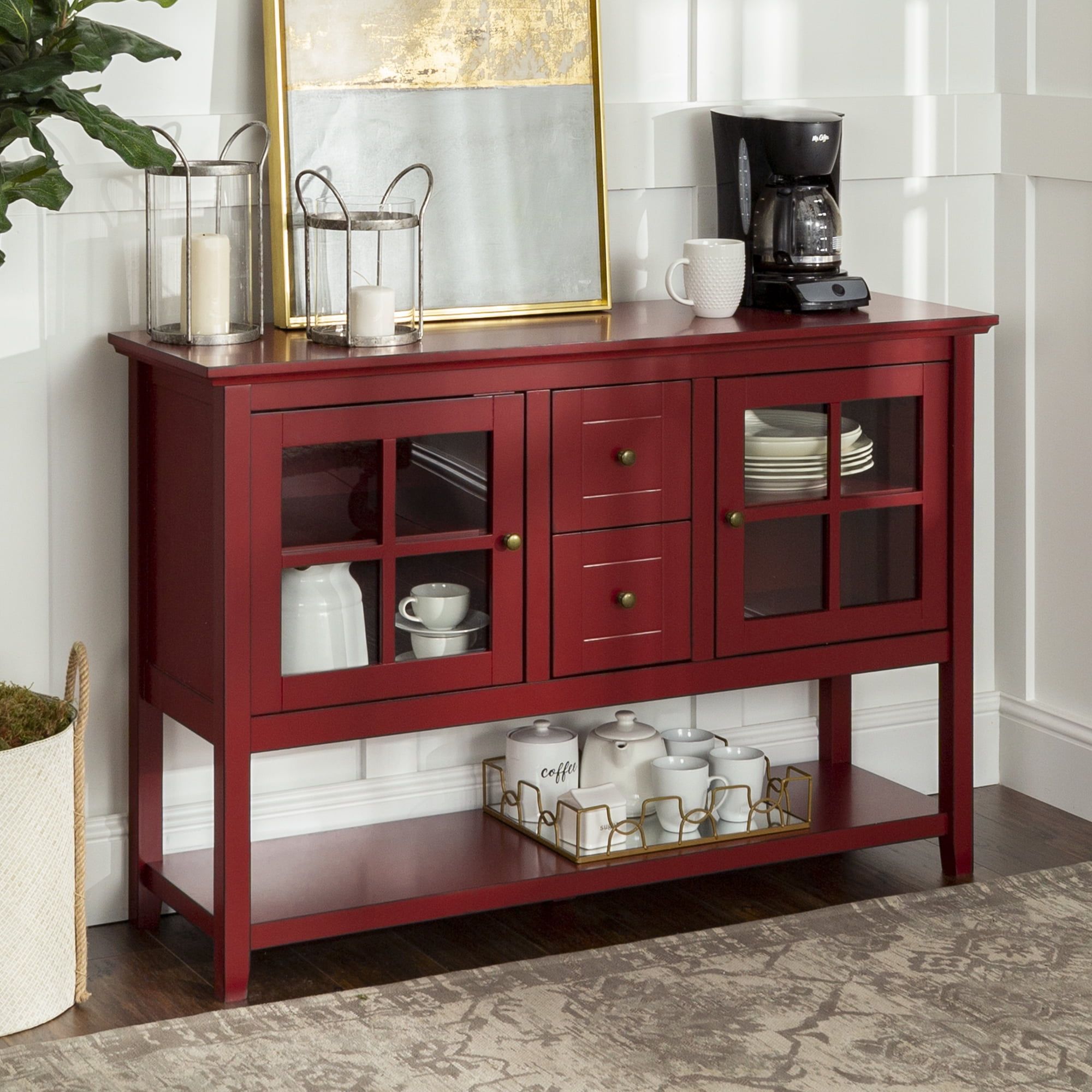 Antique Red Farmhouse Console with Glass Doors and Storage