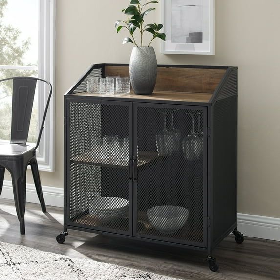 Rustic Oak 33" Industrial Metal Rolling Bar Cabinet with Mesh Doors