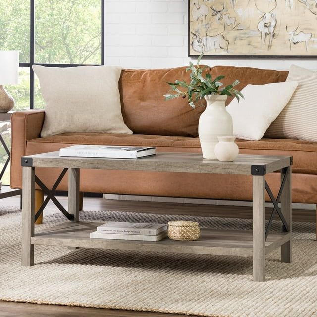Rustic Urban Industrial 40" Black Wood Coffee Table with Metal Accents