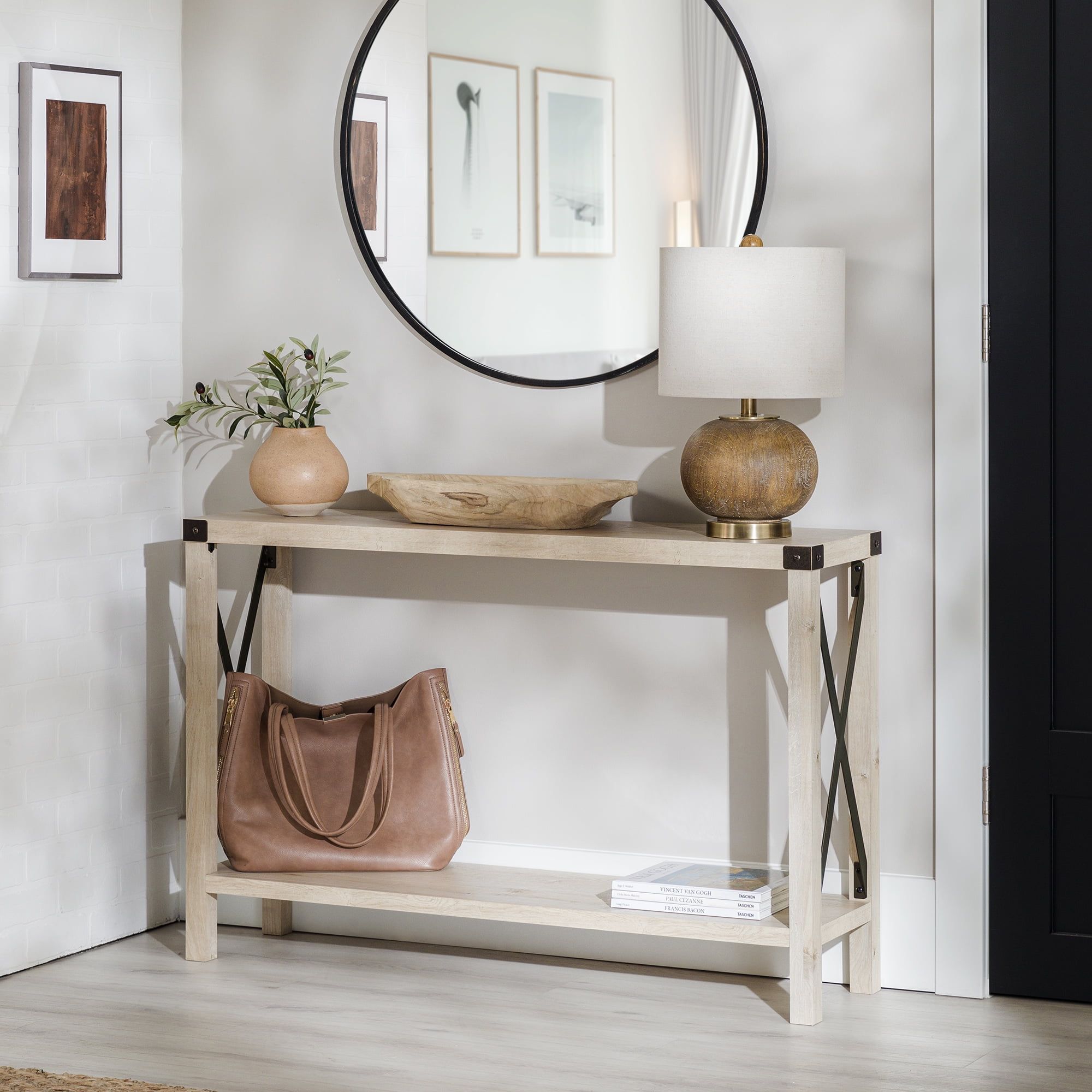 White Oak and Metal X Console Table with Storage