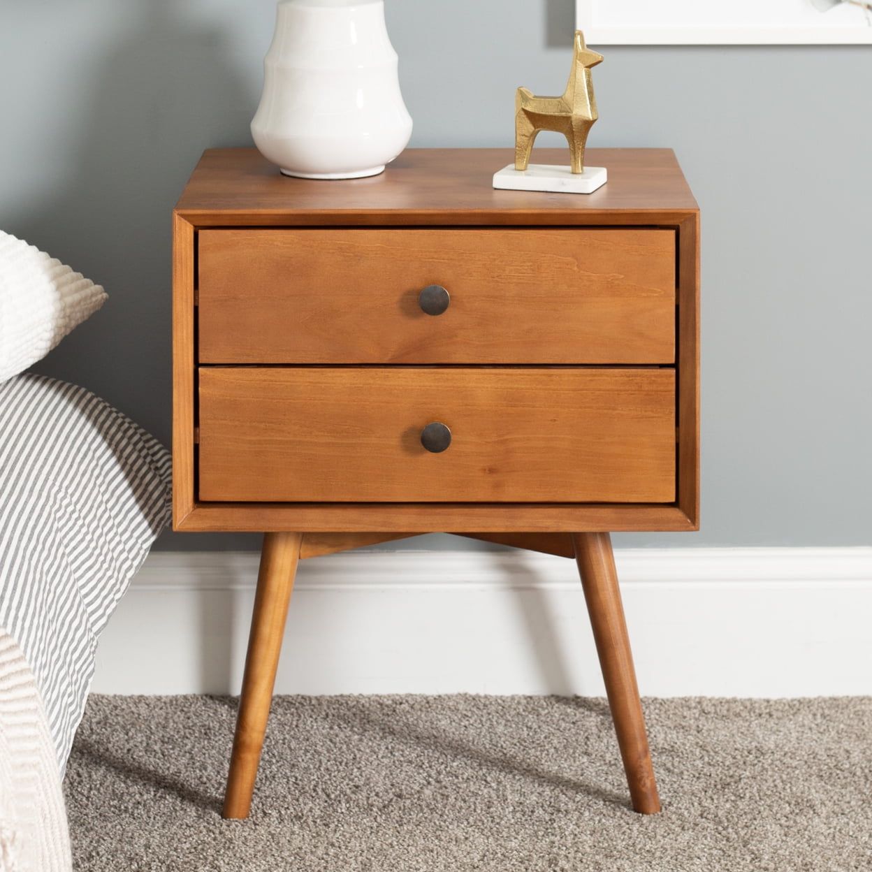 Caramel Pine 2-Drawer Nightstand with Tapered Legs and Antique Metal Handles