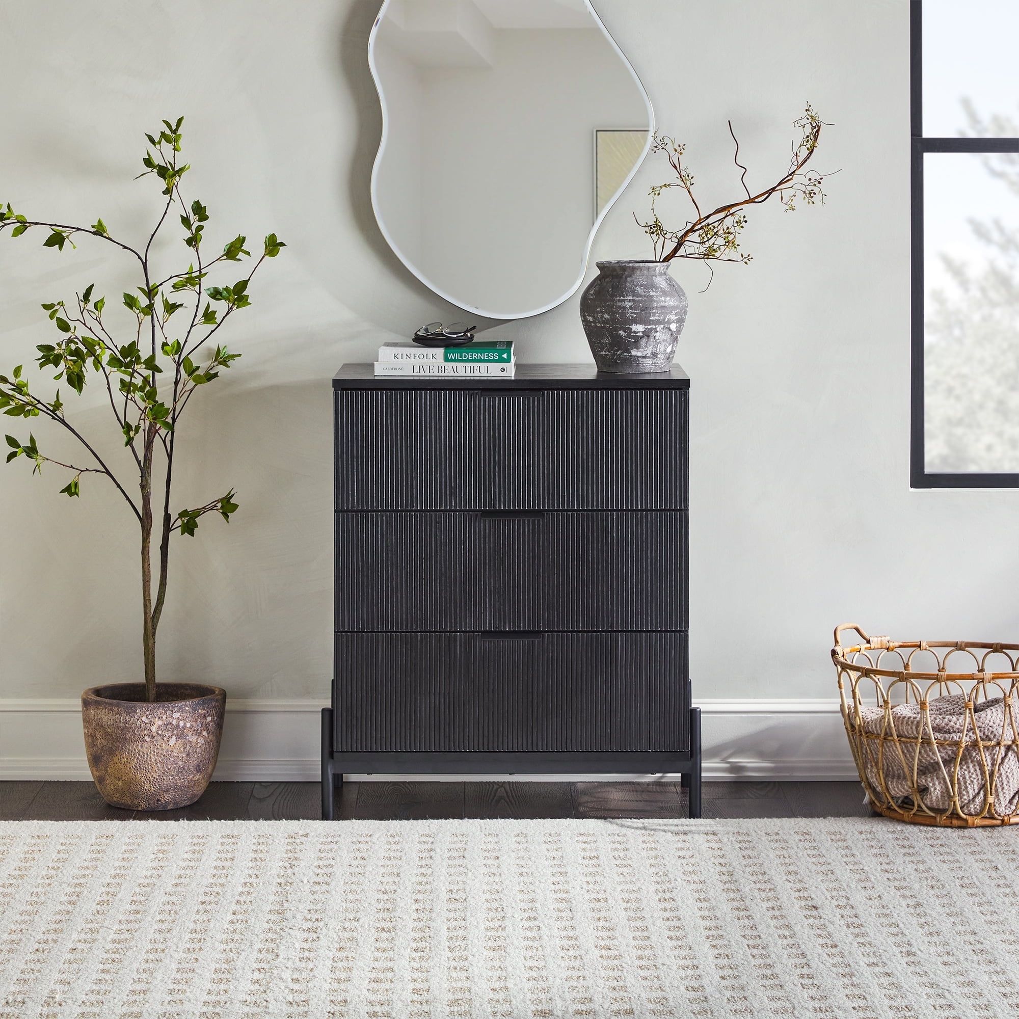 Black Mid-Century Modern Reeded 3-Drawer Chest