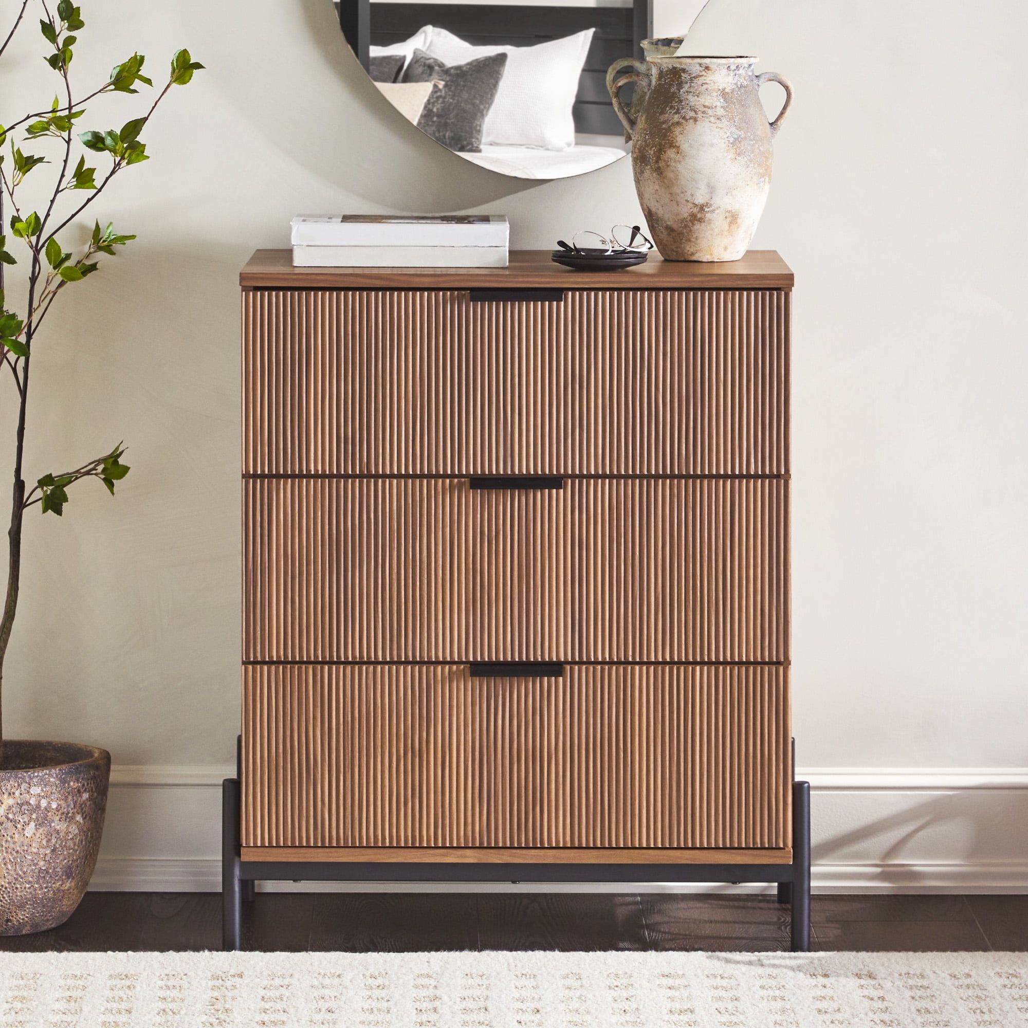 Mocha Mid-Century 3-Drawer Chest with Reeded Fronts