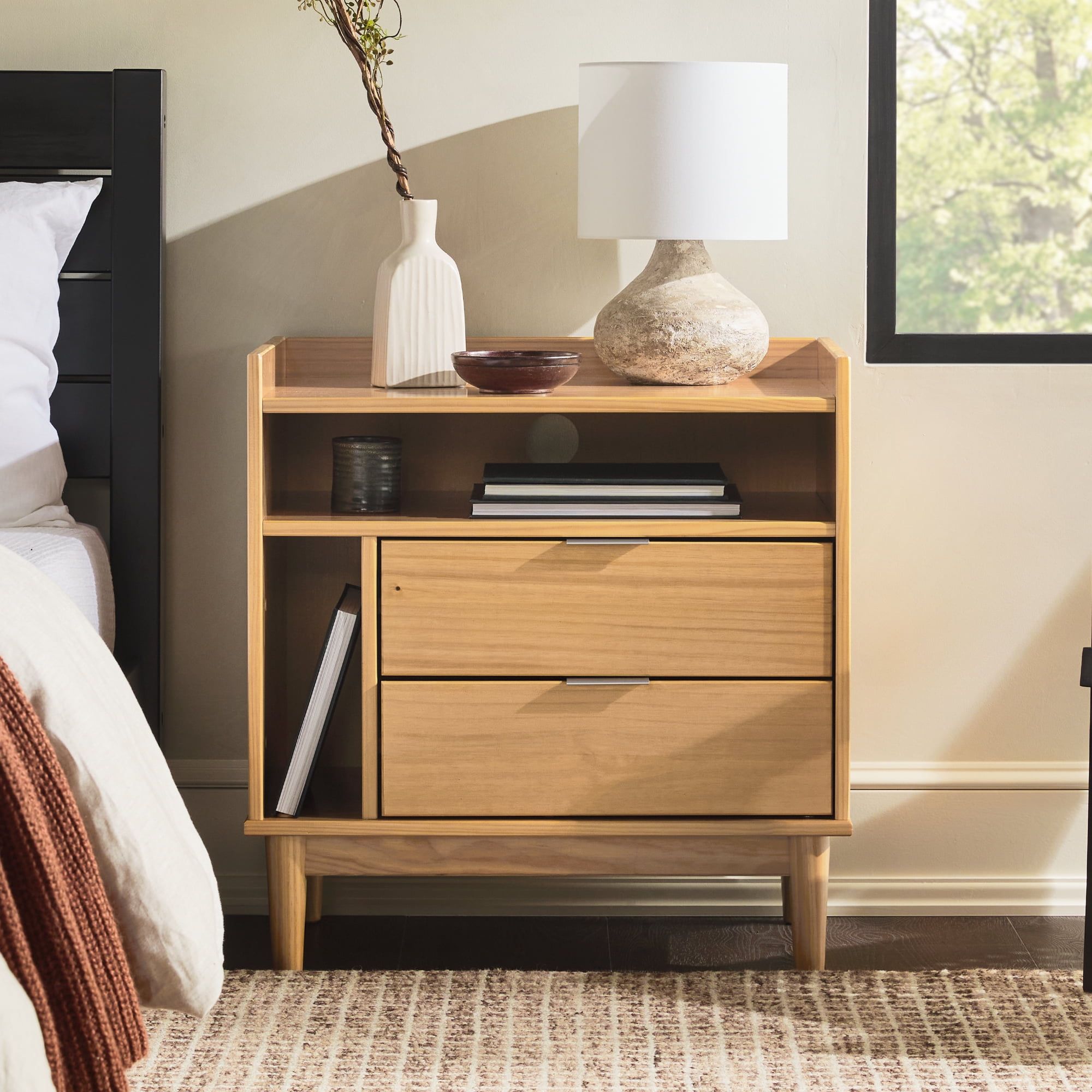 Natural Pine 2-Drawer Mid-Century Modern Nightstand with Cubby