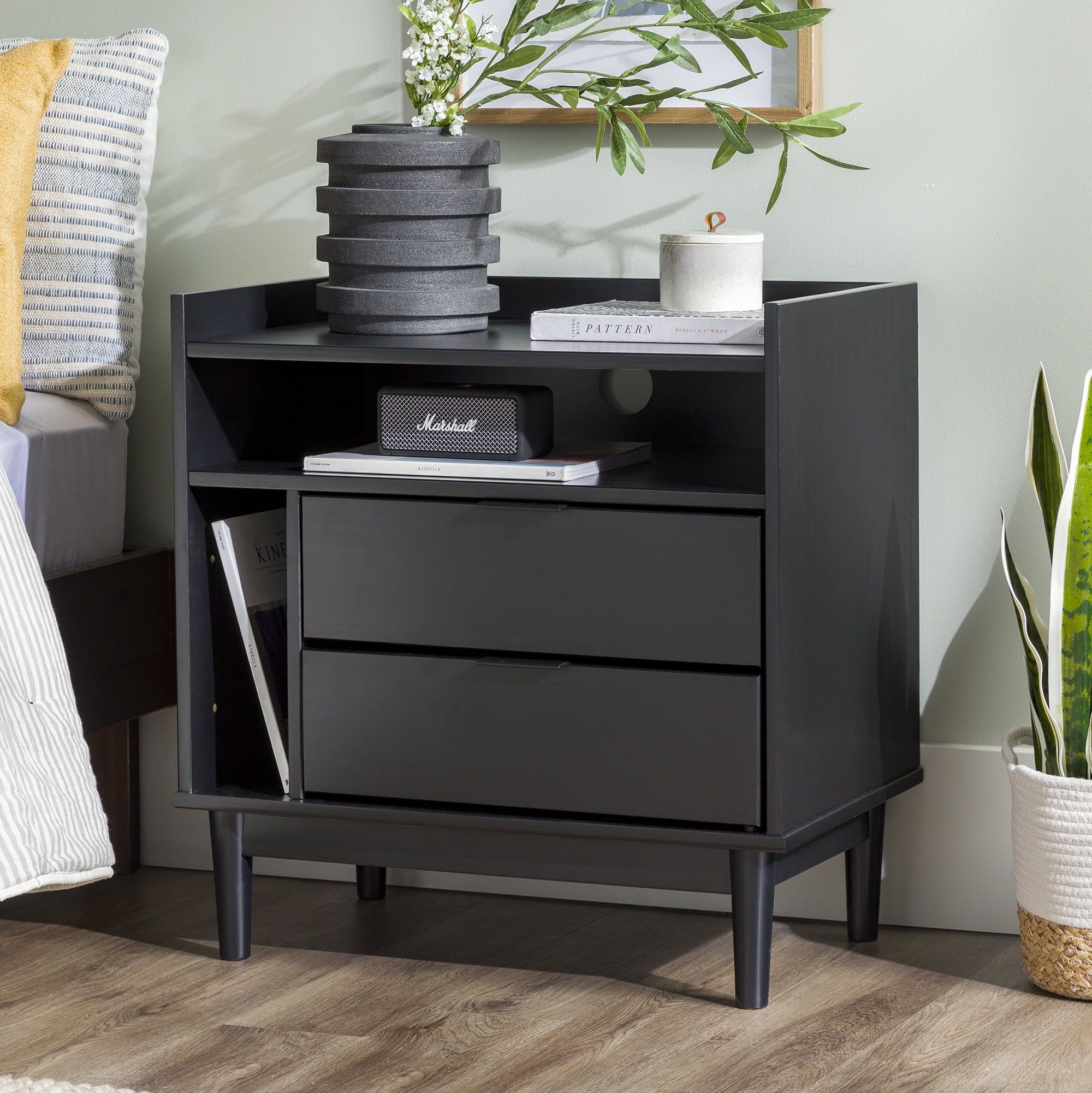 Black Mid-Century Modern 2-Drawer Pine Wood Nightstand