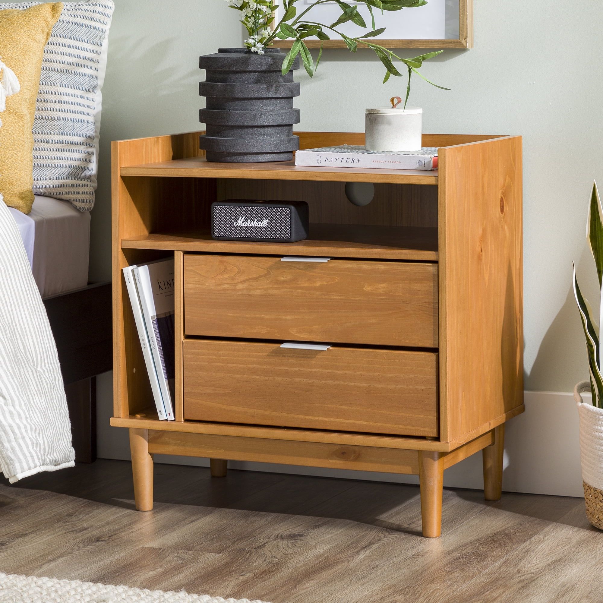 25" Solid Wood 2-Drawer Night Stand with Gallery - Caramel