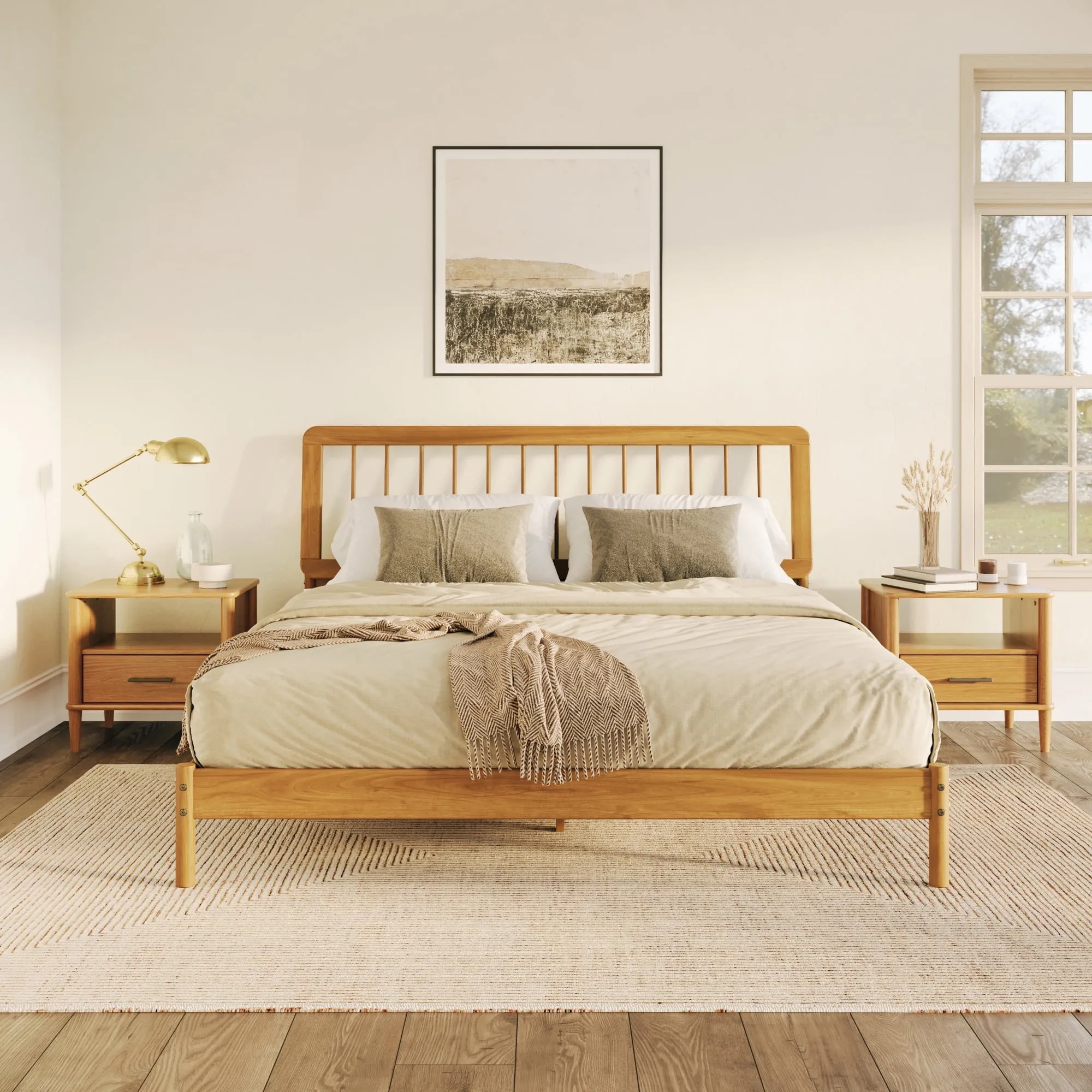 Caramel Pine Wood King Bedframe with Slatted Headboard