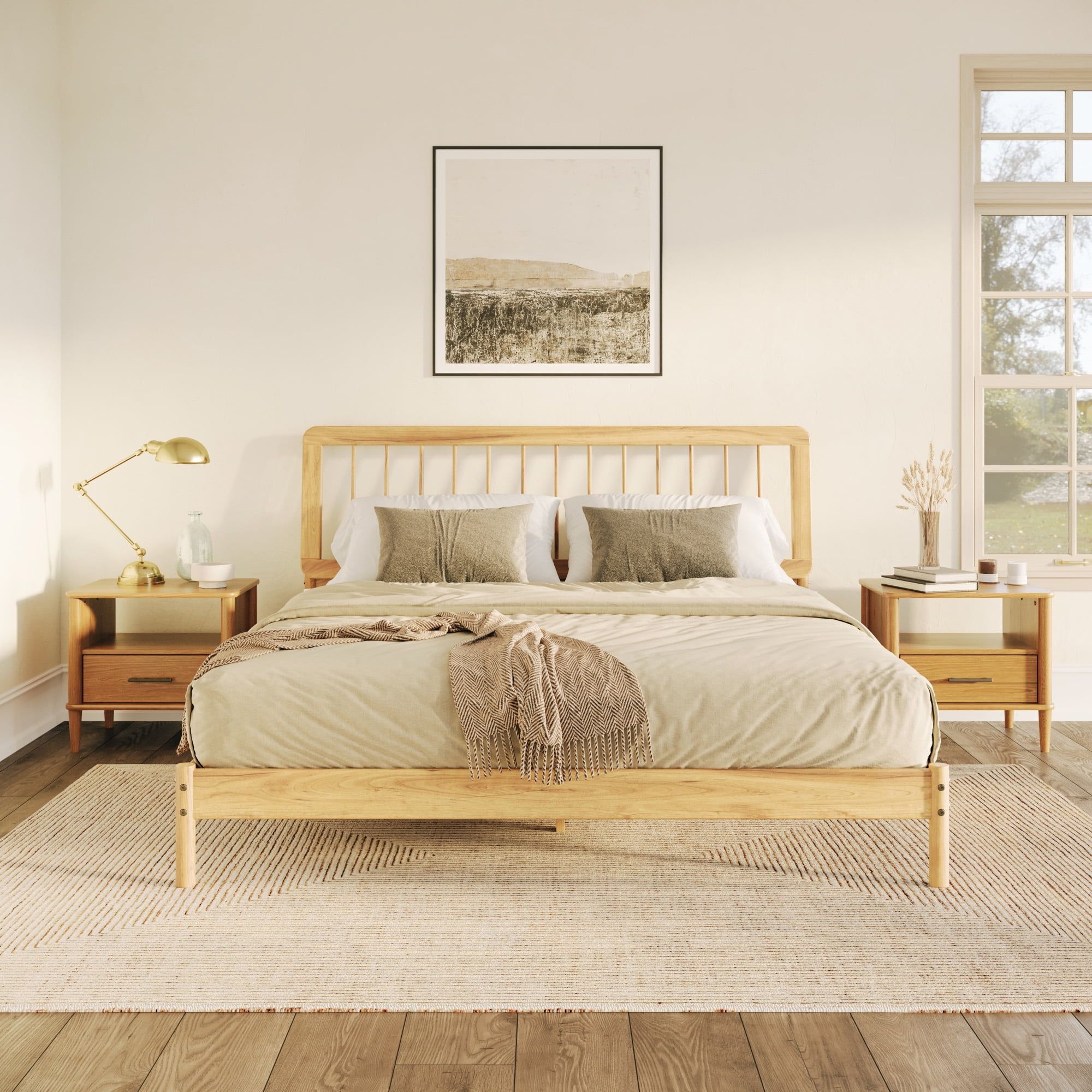 Natural Pine King Size Mid-Century Modern Wood Bed Frame