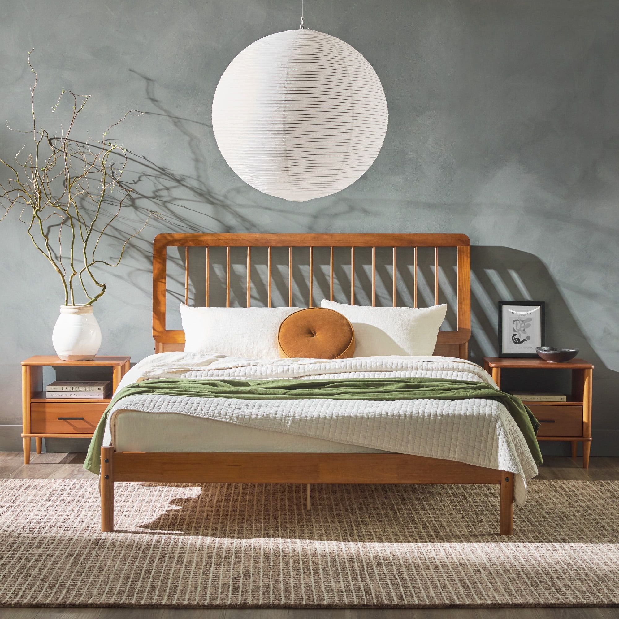 Caramel Pine Wood Queen Bedframe with Slatted Headboard